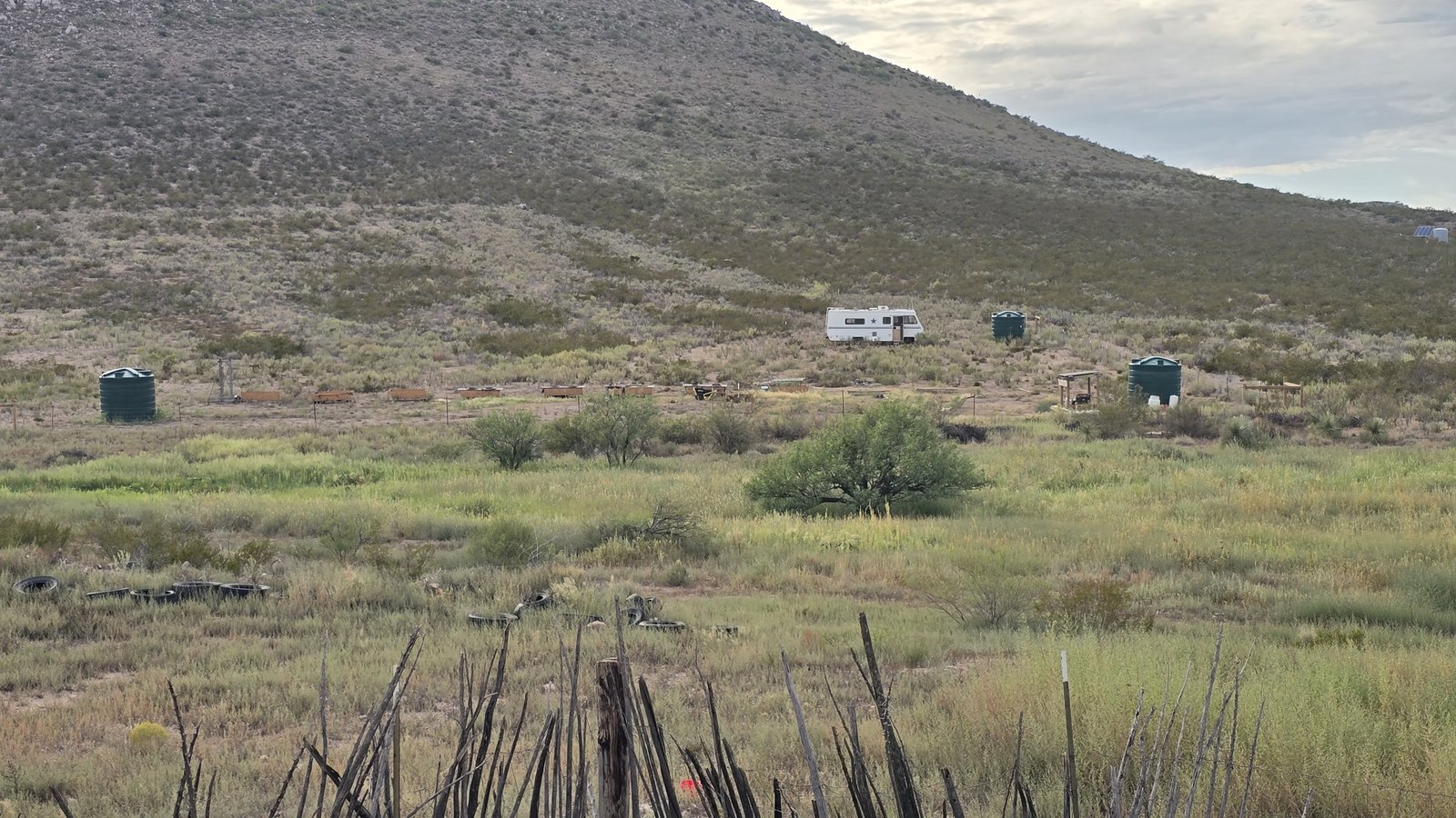 View across the 40-acre CompostHubOnline ranch toward the surrounding mountains in Cochise County, Arizona.