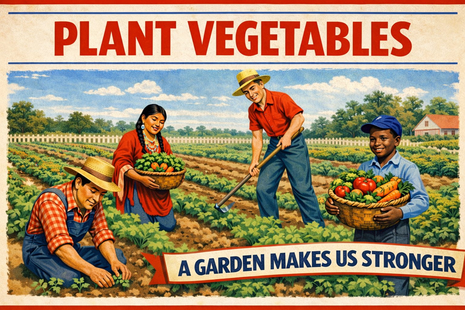 Illustration of gardeners growing and harvesting vegetables beneath the words Plant Vegetables and A Garden Makes Us Stronger.